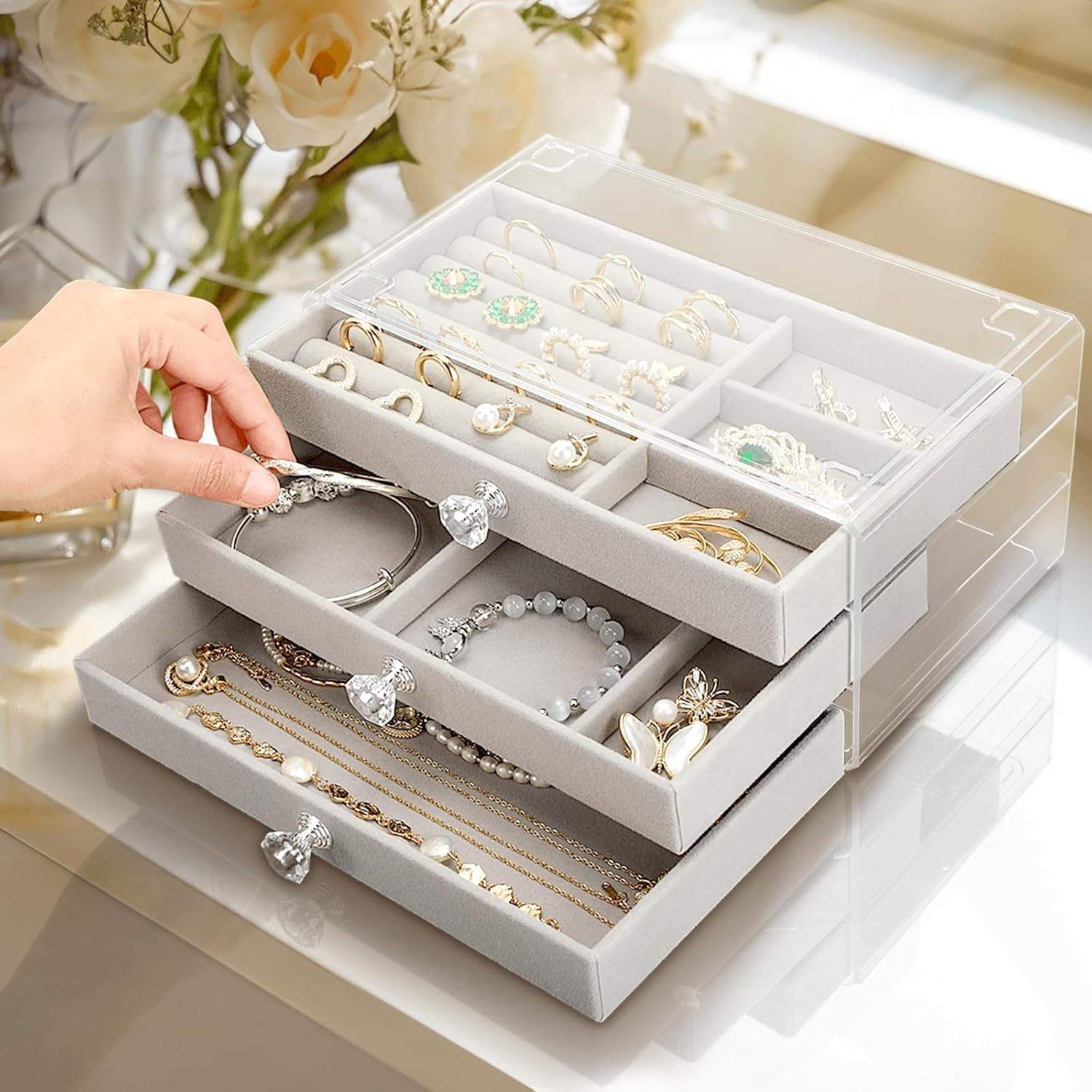 Multifunctional Jewelry Storage Organizer –  Transparent Box with 3 Velvet-Lined Drawers for Earrings, Rings, Necklaces, Watches – Velvet Drawer Box