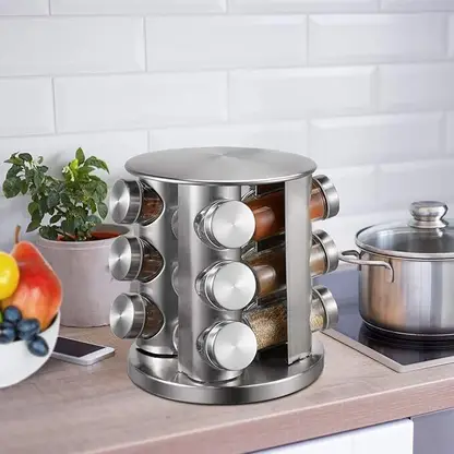 12-Jar Rotating Stainless Steel Spice Rack Organizer – Countertop & Cabinet Spice Tower