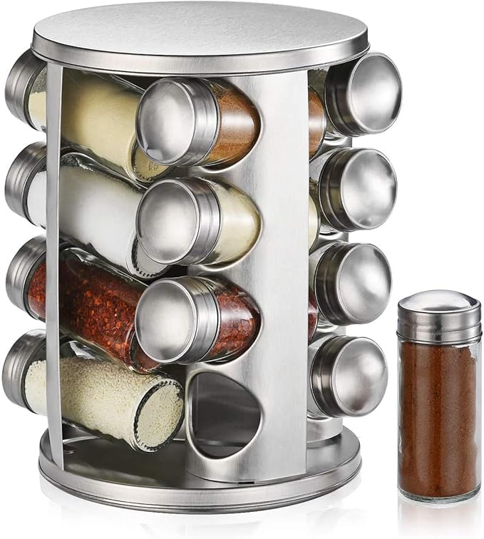 16-Jar Rotating Stainless Steel Spice Rack Organizer – Countertop & Cabinet Spice Tower